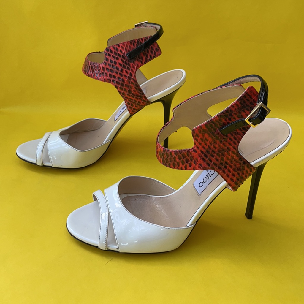 Jimmy Choo White Patent Leather Sandals With Red Snakeskin Ankle Strap